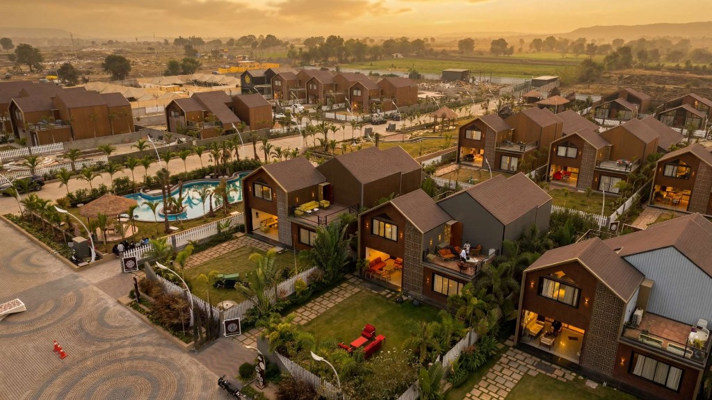 Aerial view of Beverly Hills villas and lagoon pool at sunset