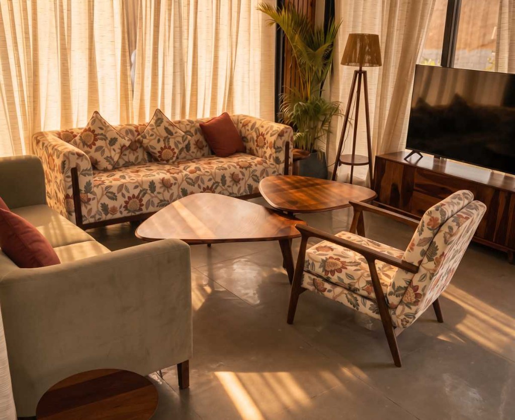 2 BHK villa living room with floral seating and warm daylight
