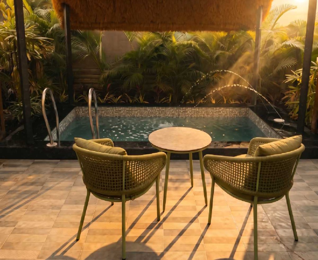 2 BHK private plunge pool patio at golden hour